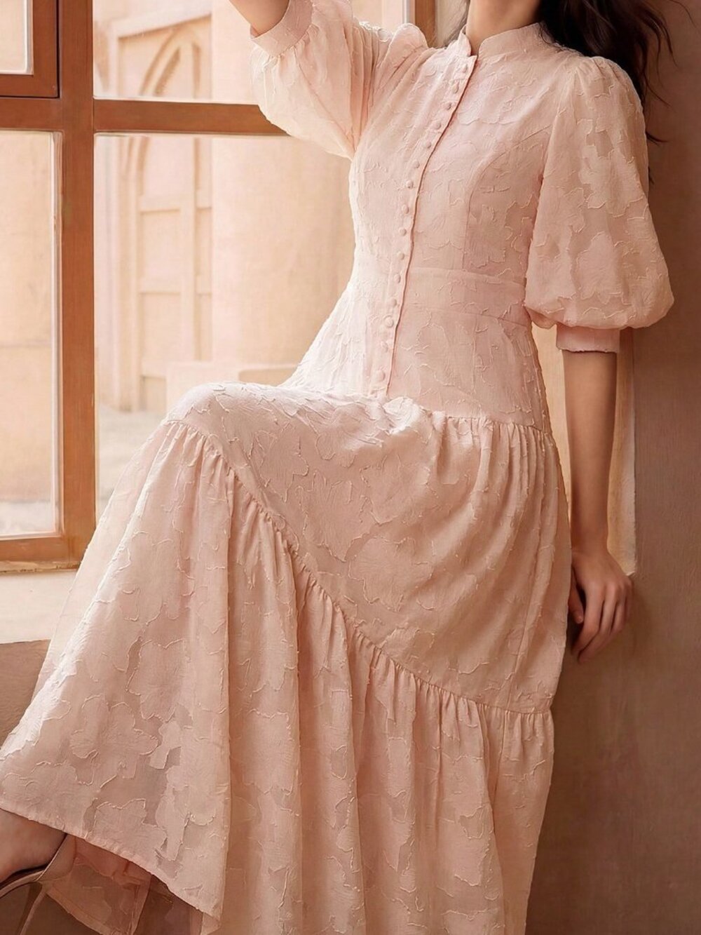 Pink Elegant Women's V-Neck Lantern Sleeve Textured Ditsy Floral Dress - Picture 6 of 7